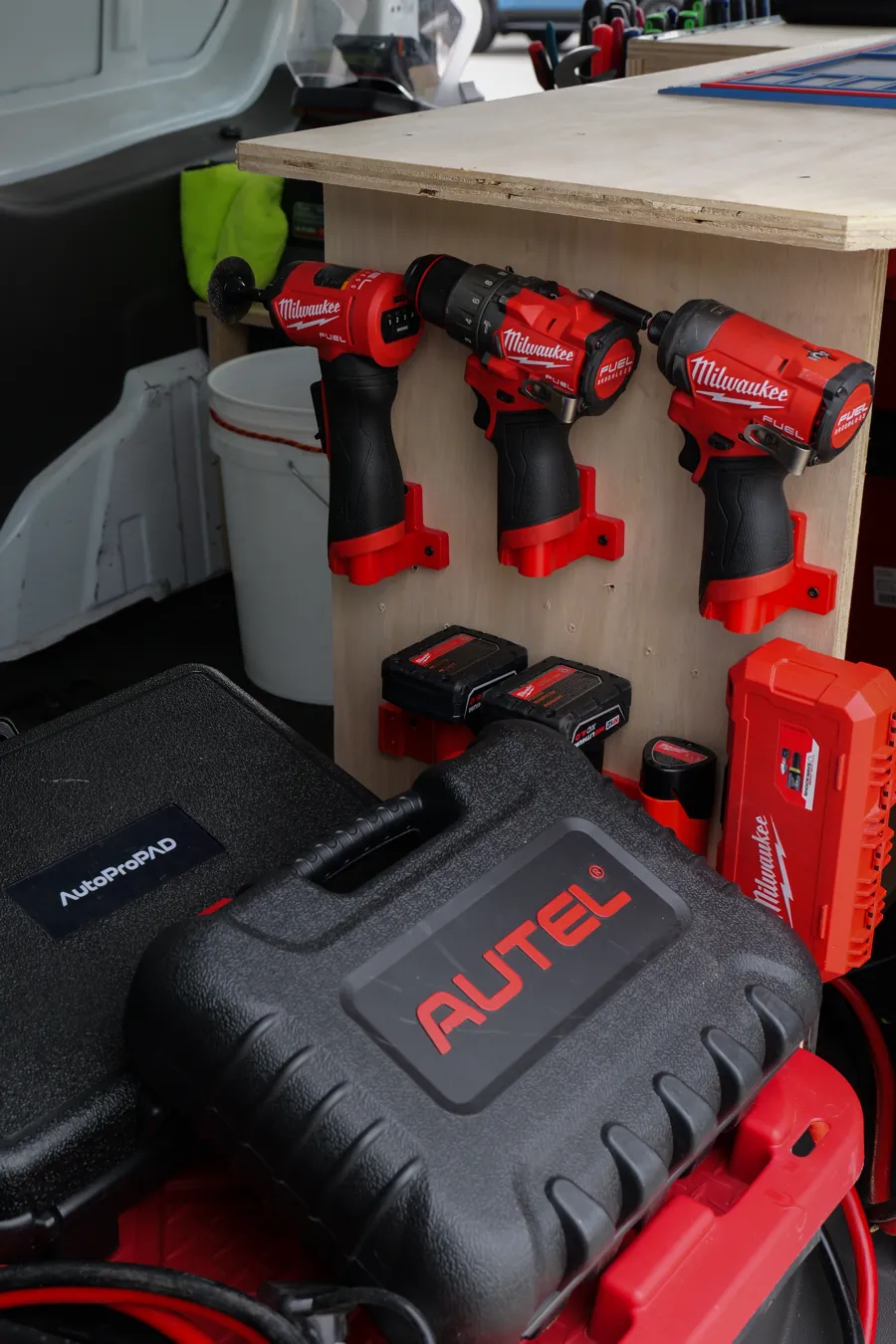 Autel car key programmer and Milwaukee tools mounted in the Key Rescue Washington van, Spokane, WA